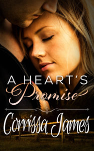The book cover for "A Heart's Promise"  by Corrissa James. A close up image of a woman with dark blond hair to the viewer's right leaning against a man's chest. The man appears to be gazing at her lovingly, though his eyes are out of frame.