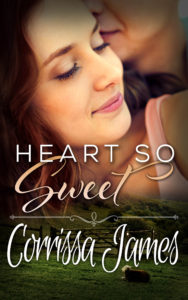 The book cover for "Heart So Sweet" by Corrissa James. The top 2/3's of the image features a woman with auburn hair leaning to the viewer's left with her eyes closed and gently smiling. Behind her, we can see the neck and bottom half of a man's face - the rest of his face is outside the frame. The lower third of the image is a far-distant view of a very green, grassy field with a small building just off to the right of the image.