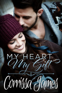 The book cover for "My Heart, My Gift" by Corrissa James - it features a man and womabn, dressed for winter, with the woman gazing forward and downward and the man is standing behind her, leaning forward to kiss the back of the woman's head on the side.