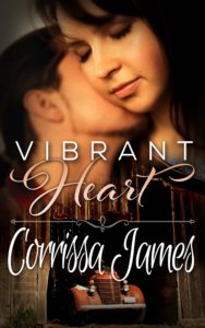 The book cover for "Vibrant Heart" by Corrissa James. The lower half of the image is of a vintage car in an older-styled garage with brick walls and an arched door. The upper half of the image features a woman from the collarbone up with her head turned to the viewer's left and leaning into a man who appears to be kissing the left side of her neck.